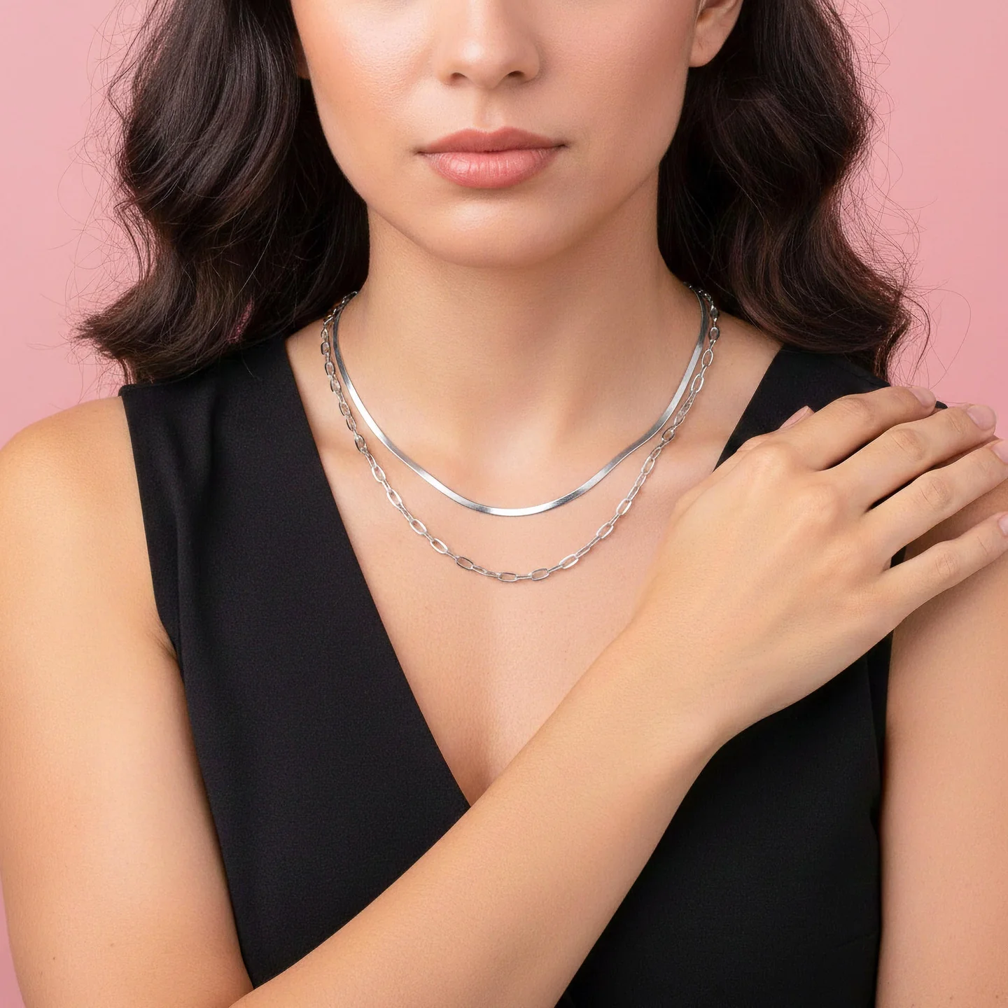 Collar Acero Plateado Doble Cadena Oval y Planchada