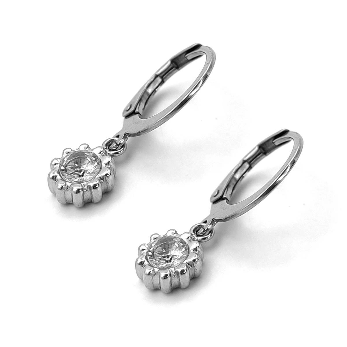 Aretes Acero Colgante Flor Centro Cristal Claro