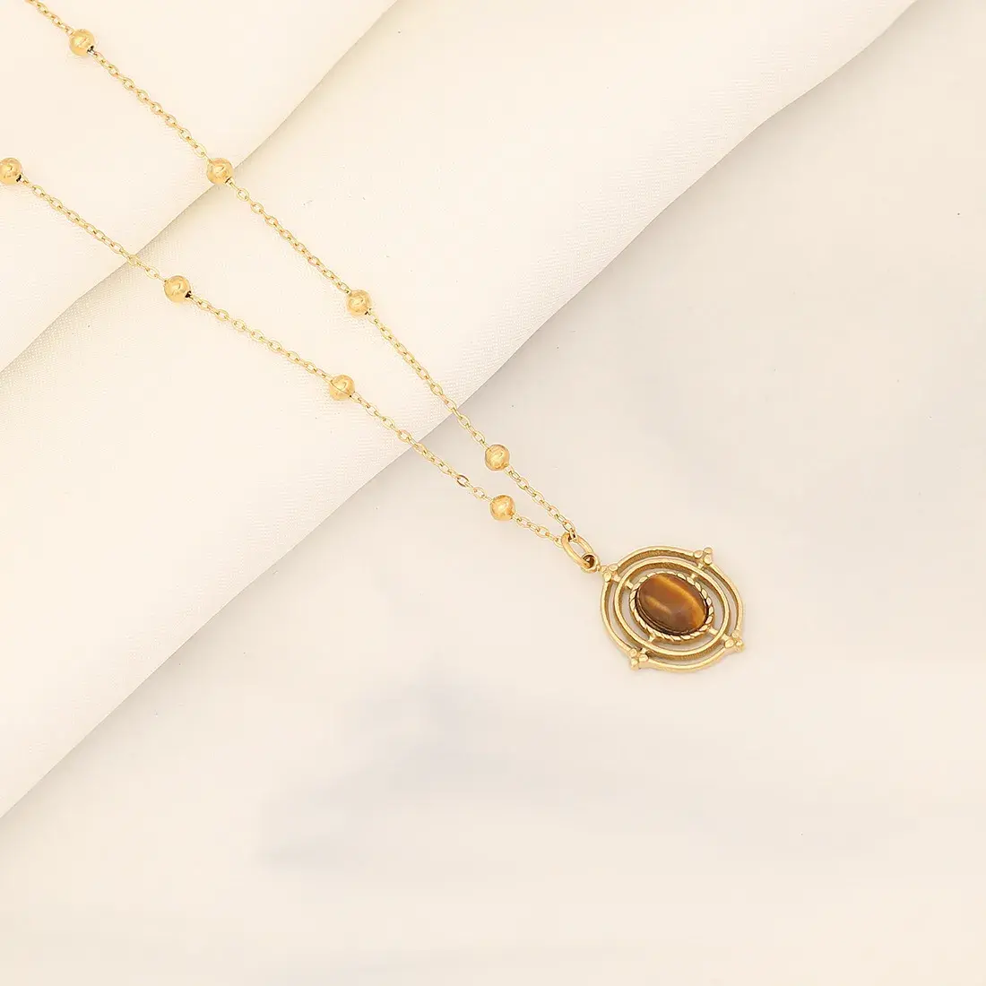 Collar Acero Dorado Bohemio Ojo de Tigre Cadena Balines