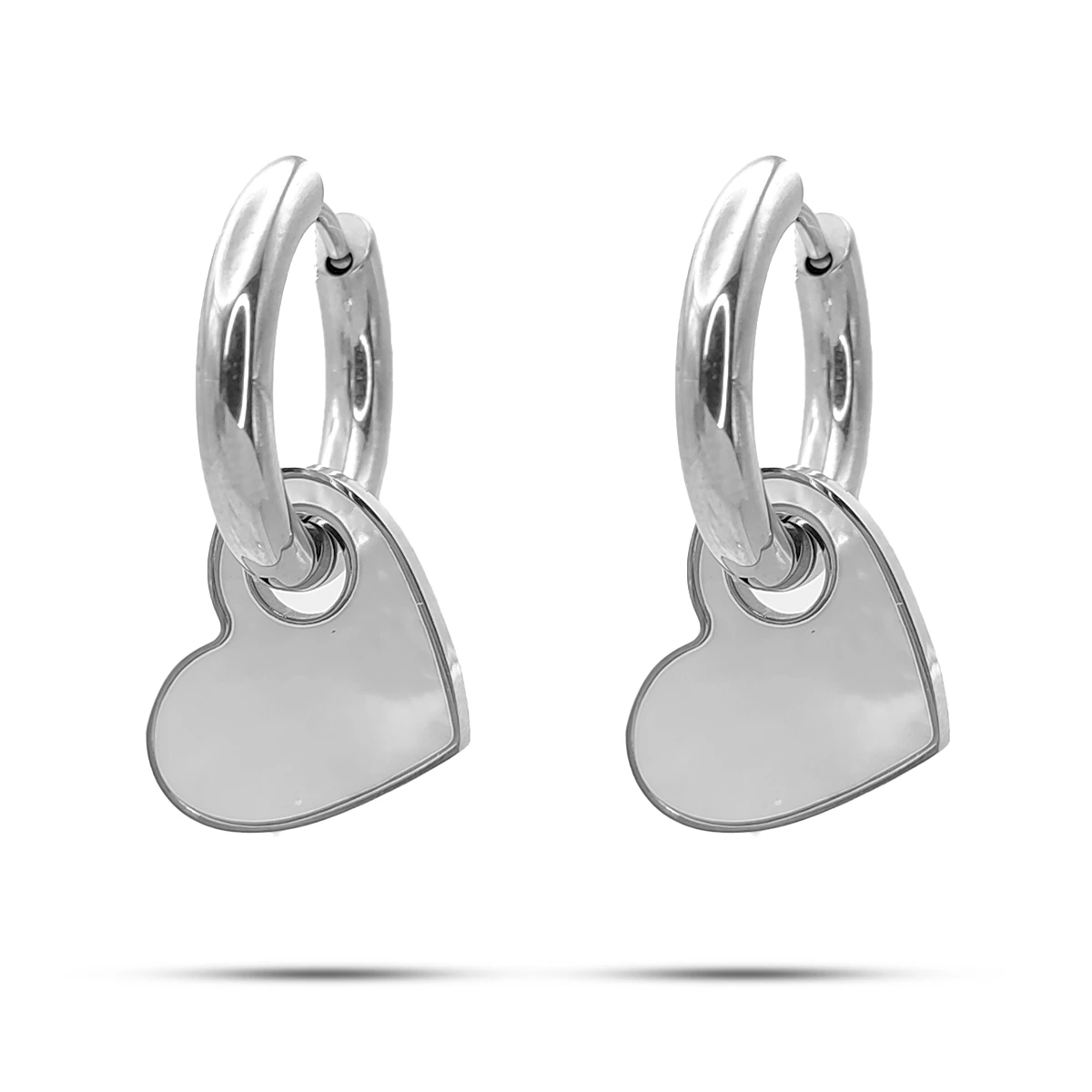 Aretes Acero Arracada Huggie Corazon Madre Perla Colgante