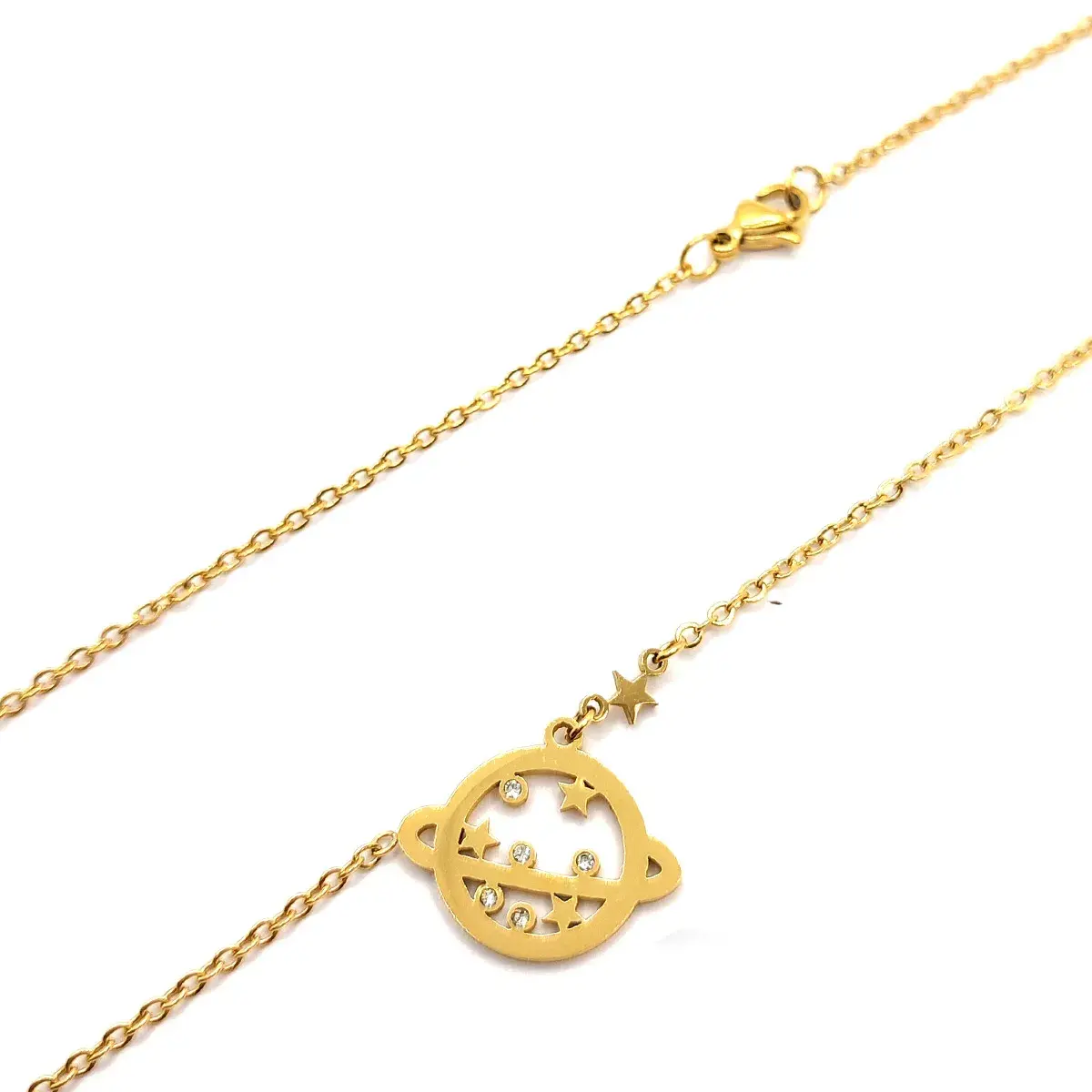 Collar Acero Dorado Planeta Saturno Estrellas Zirconia