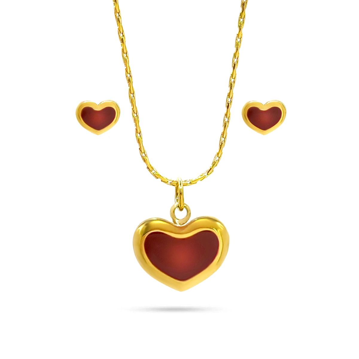 Set Joyería Inox Dorado Corazón Inflado Centro Guinda