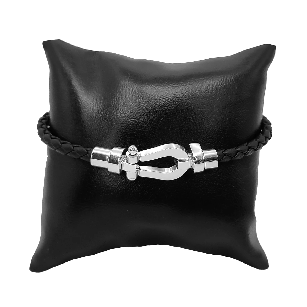Pulsera Acero Piel Negra Trenzada Diseño Tipo Hebilla