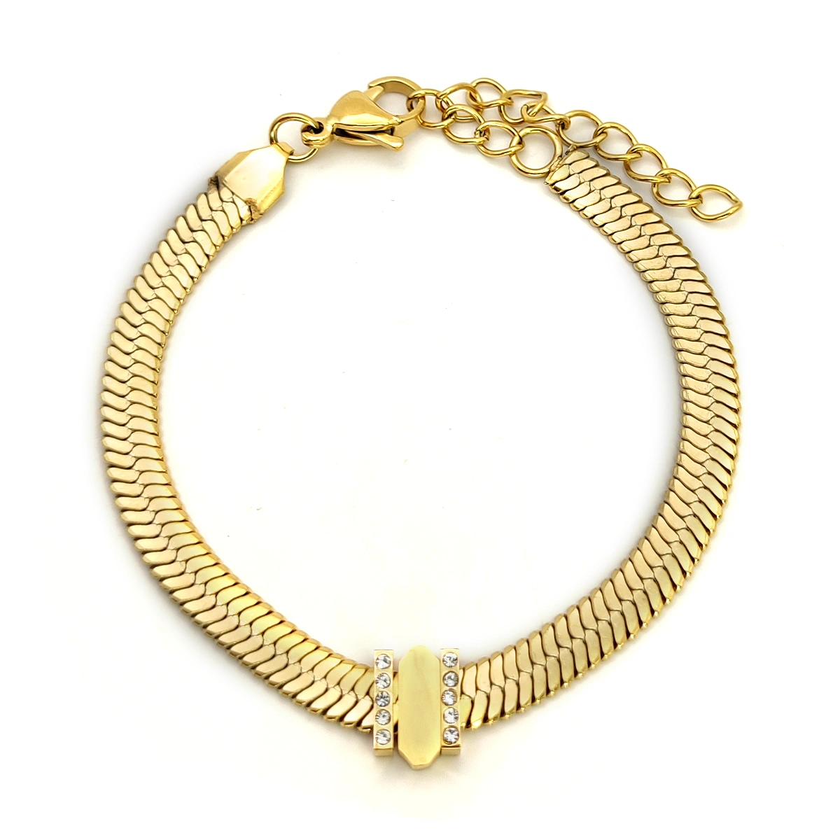 Pulsera Acero Planchada Cuenta Delgada Grabado Zirconia