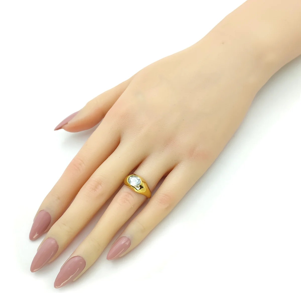 Anillo Acero Inox Dorado Chunky Zirconia Oval Central
