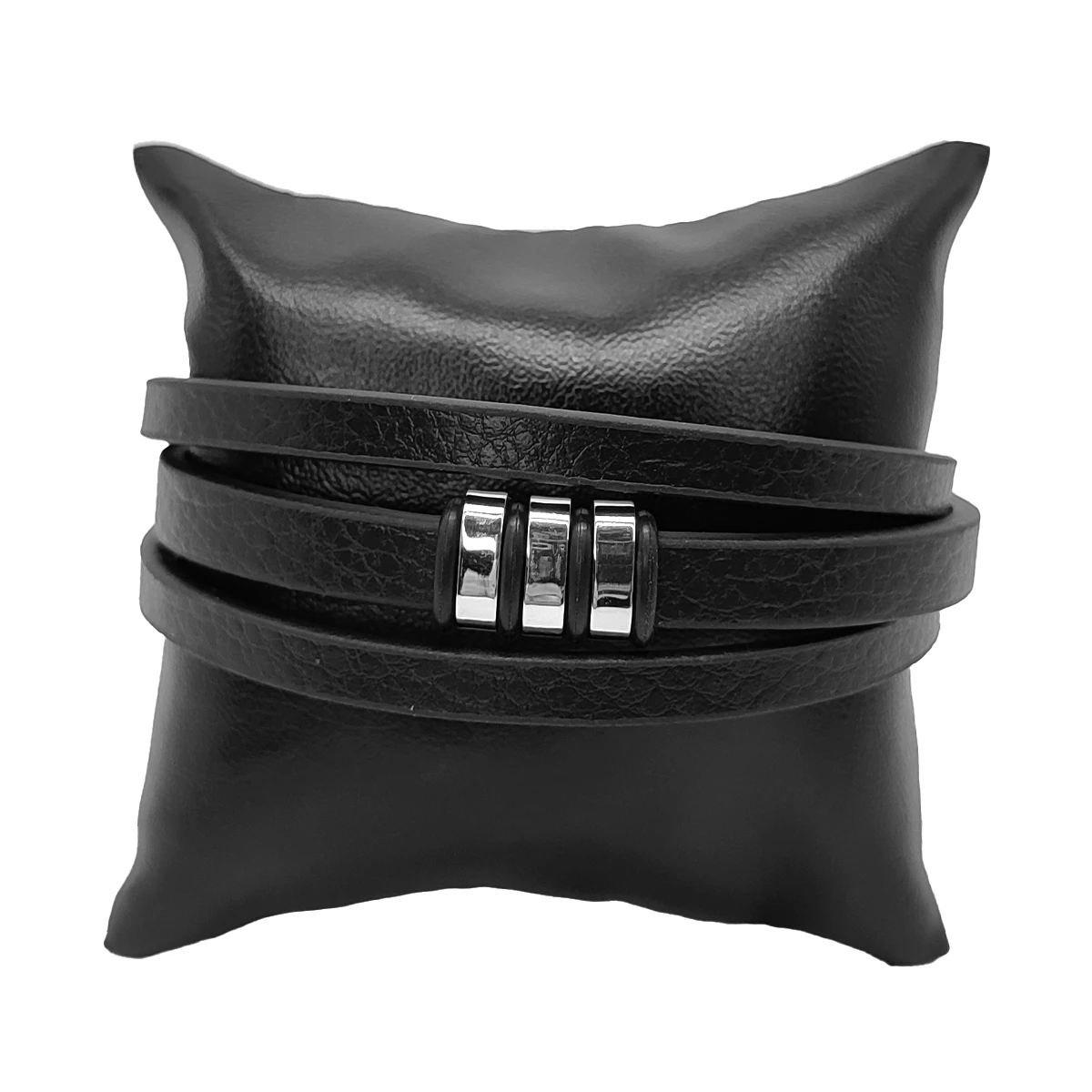 Pulsera Acero Plateado Piel Triple Cuentas Rectangulares