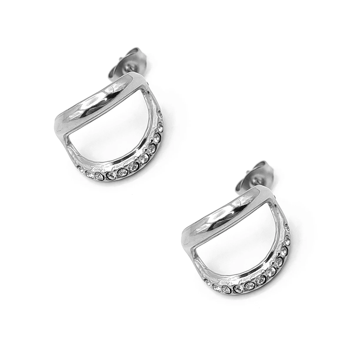 Aretes Acero Plateado Media Arracada Doble Cristales