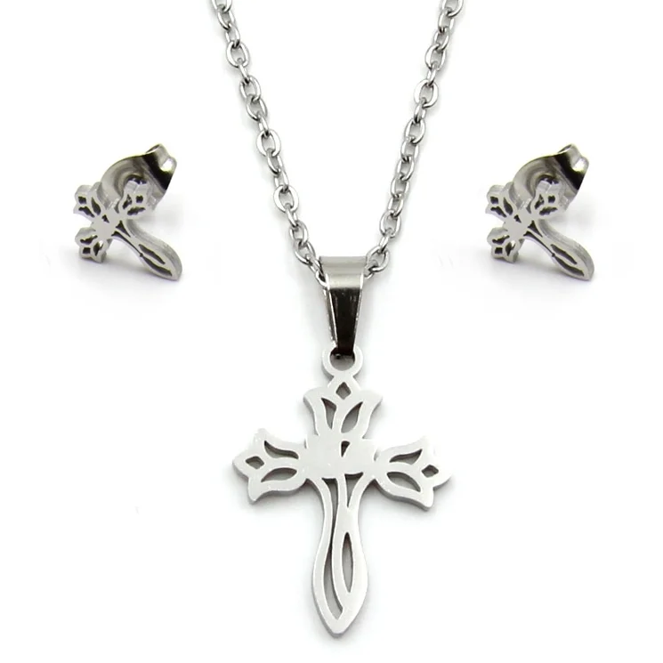 Set Joyeria Acero Plateado Cruz Artística Religión