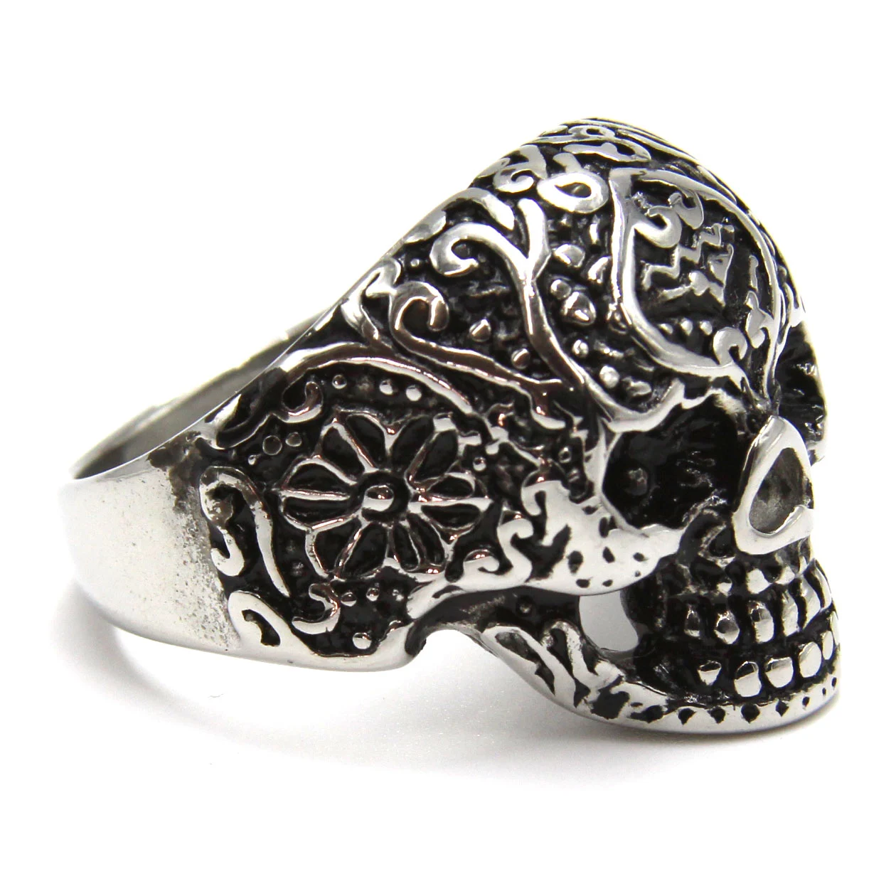 Anillo de Acero Plateado Calavera Catrina Mexicana