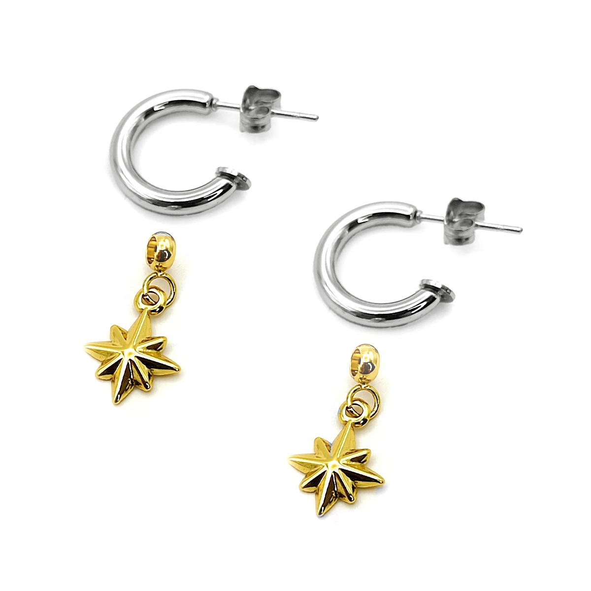 Aretes Acero Bicolor Media Arracada Estrella Seis Puntas