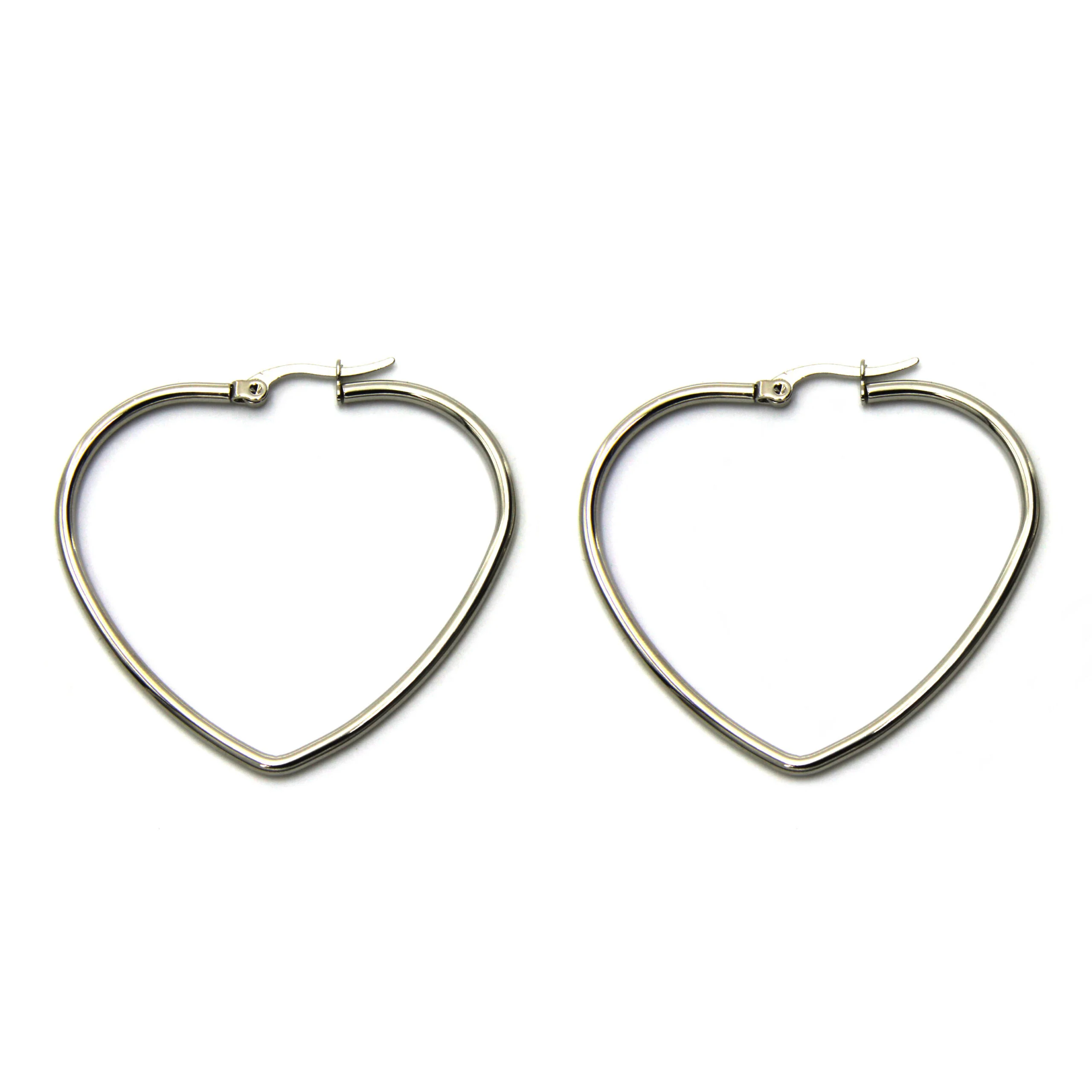 Aretes Acero Plateado Arracadas Corazón Tubular Liso 40mm