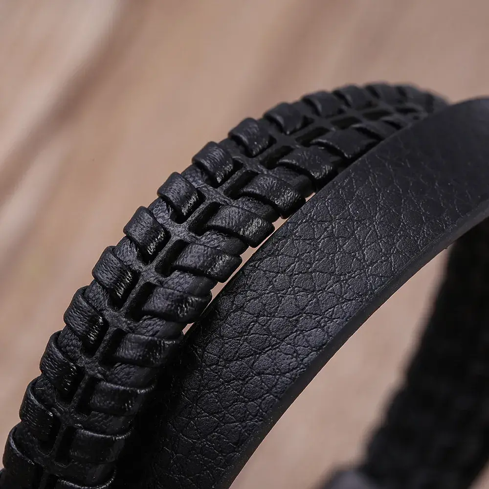 Pulsera Acero Negra Piel Dos Tiras Gruesas Tejida y Lisa