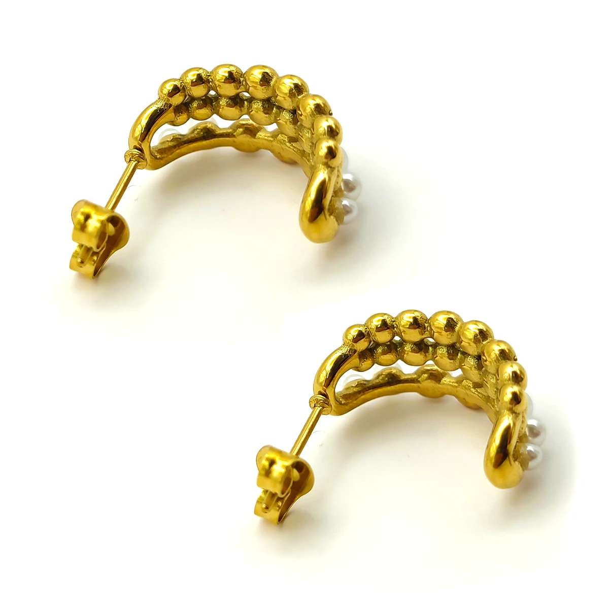 Aretes Acero Dorado Arracada Triple Perla Bolitas 18 mm