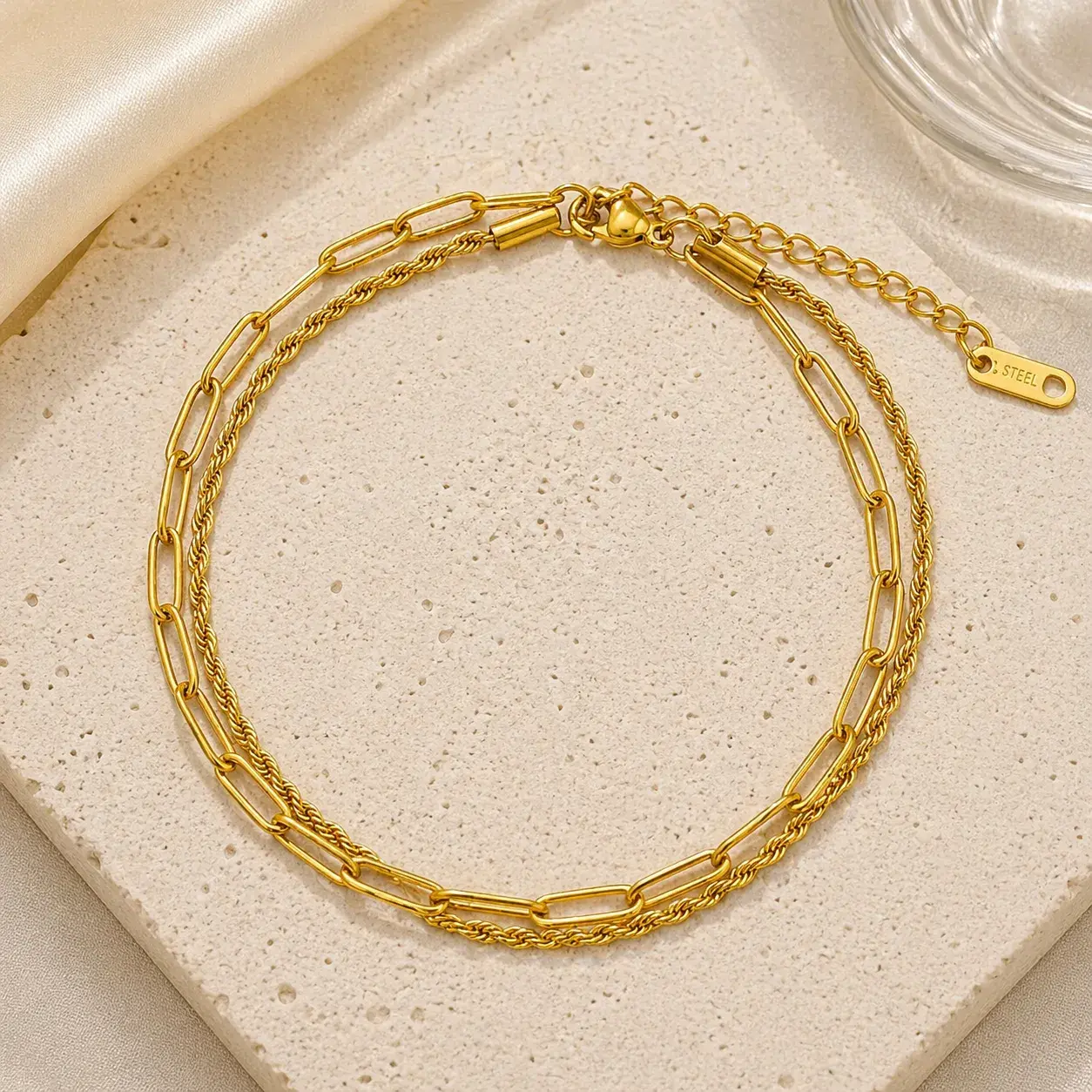 Tobillera Acero Dorado Doble Cadena Torzal y Eslabon Oval