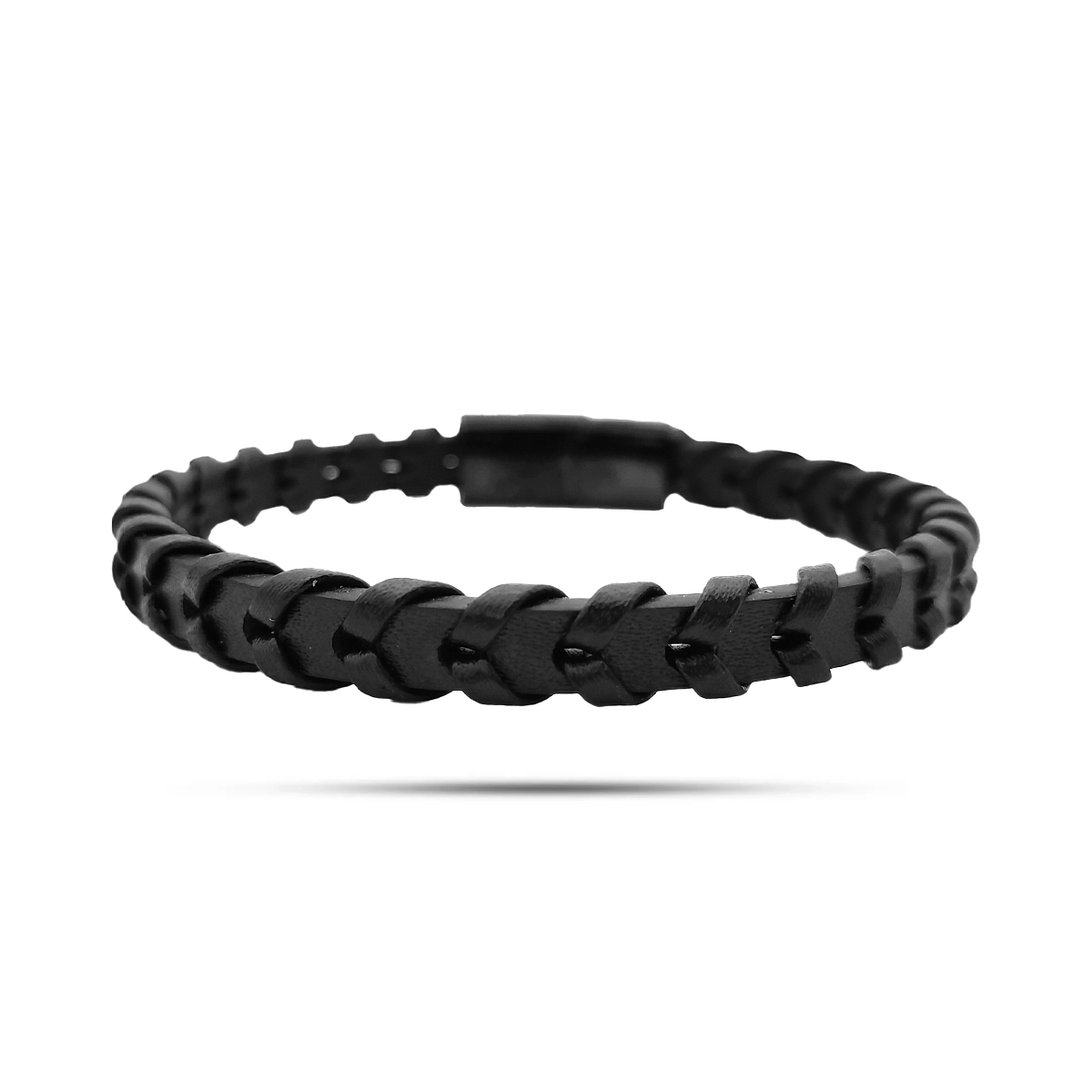 Pulsera Acero Negro Piel Lisa con Tejido Flecha