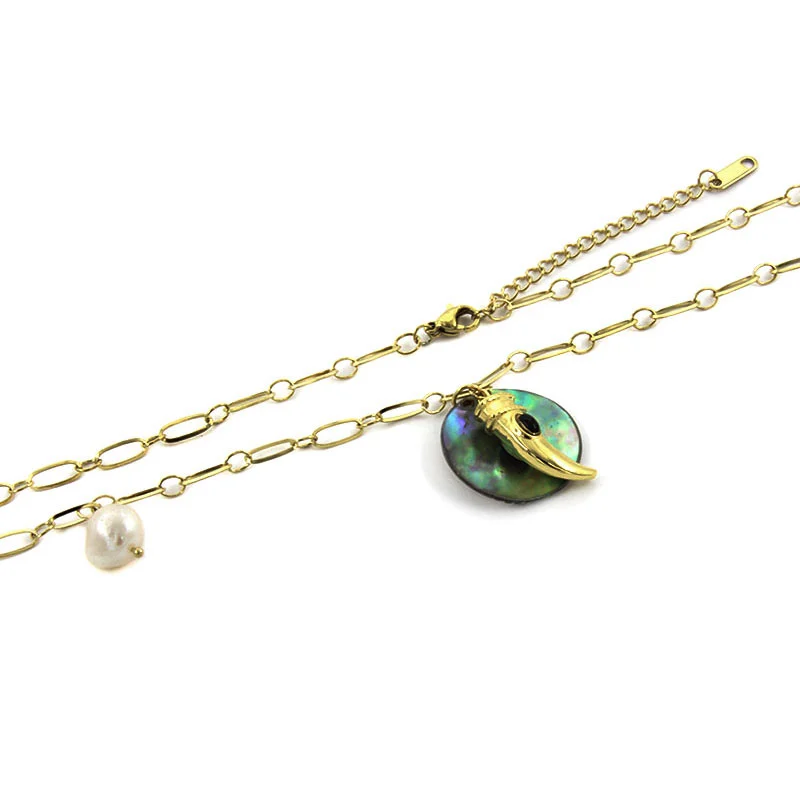 Collar Acero Inox Dorado Colmillo Abulon Perla Natural