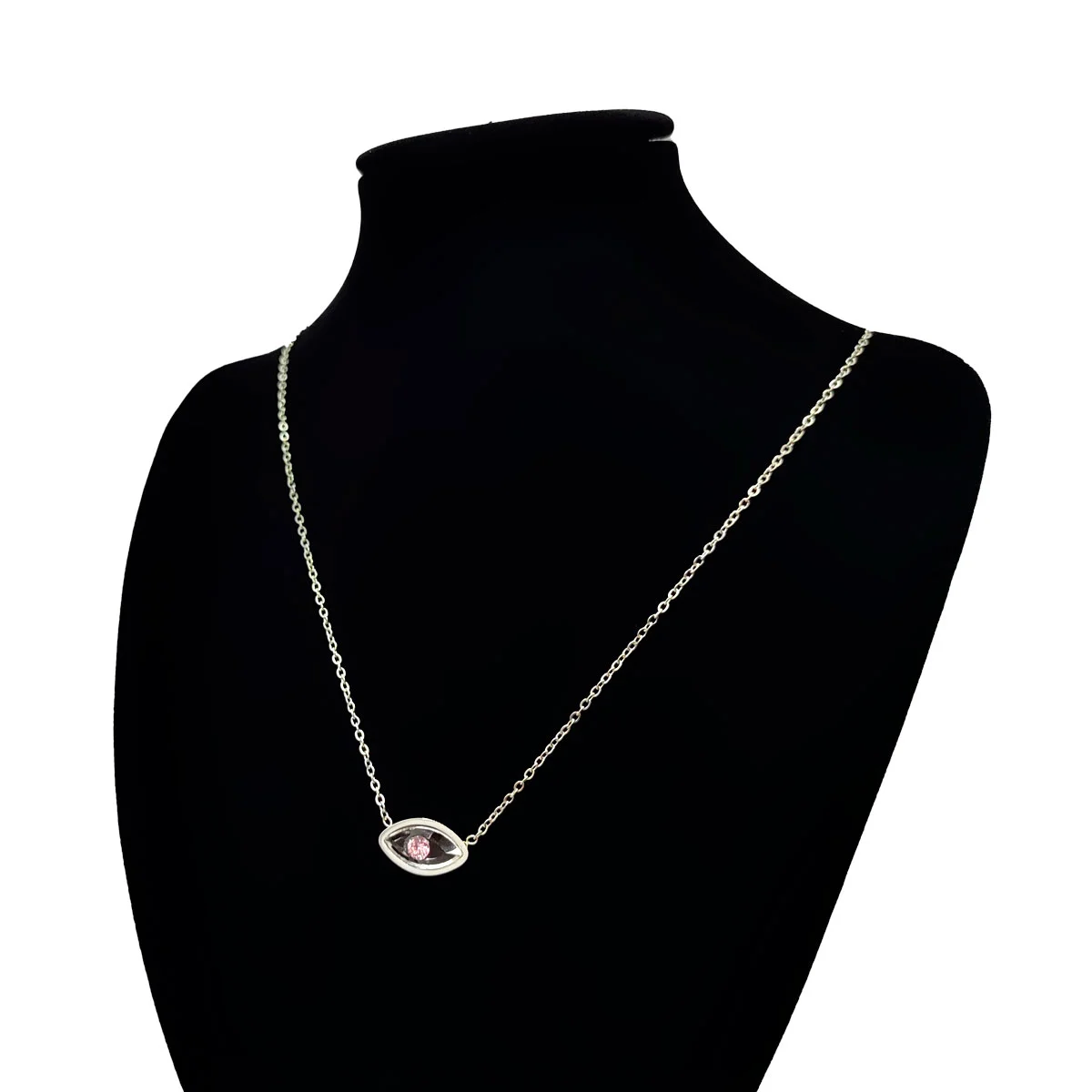 Collar Acero Inoxidable Plateado Ojo Pupila Rosa Cristal