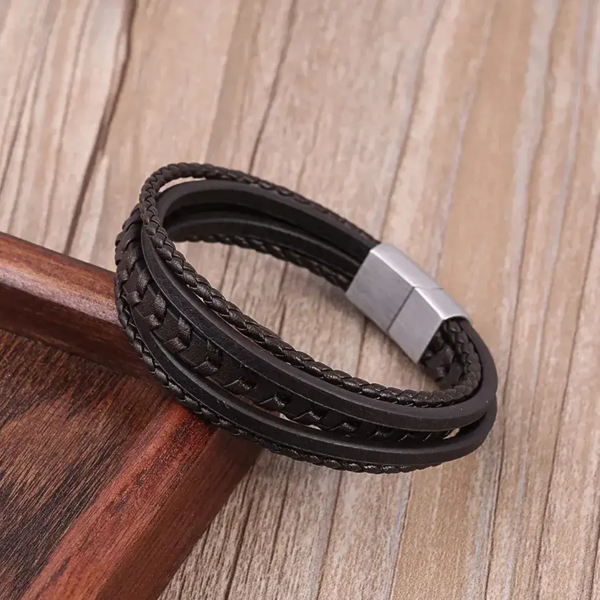 Pulsera Acero Plateado Piel Cafe 5 Tiras Tejidas y Lisa
