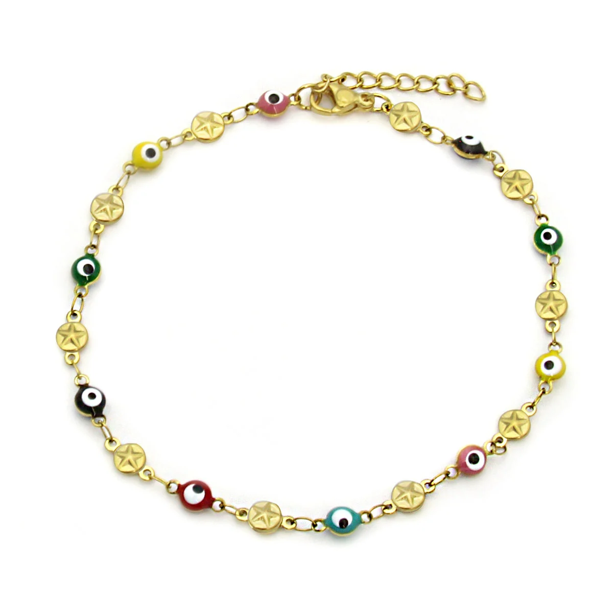 Tobillera Acero Dorado Ojo Turco Multicolor Estrella 3mm