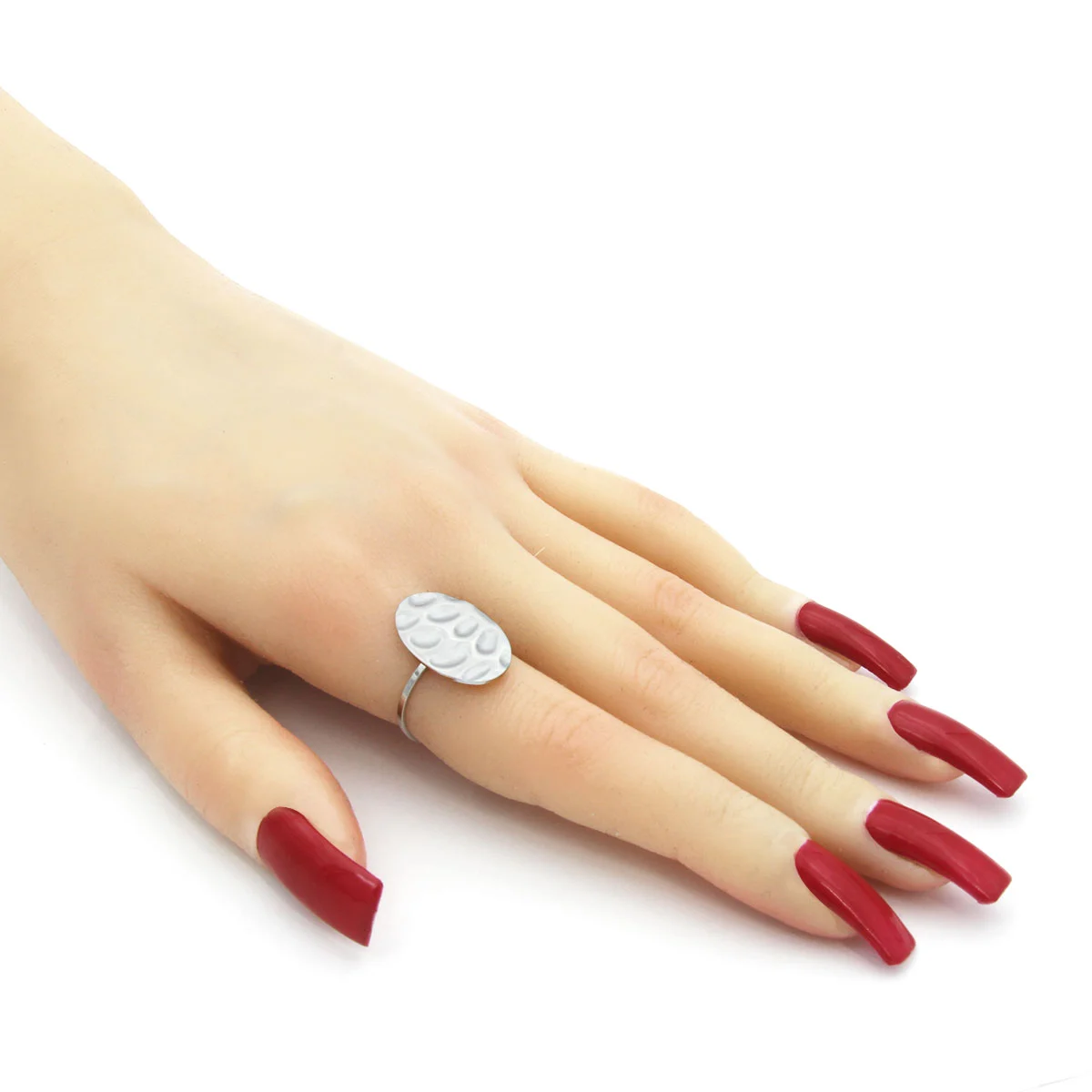 Anillo Acero Inox Plateado Martillado Ajustable Ovalado