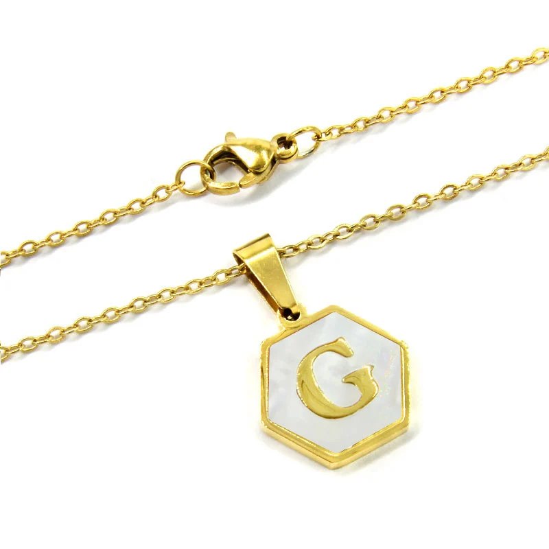 Collar Acero Inox Dorado Hexagonal Letra G Madre Perla