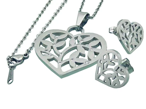 Set de Joyería Acero Dije Cadena Aretes Corazón Rama Olivo