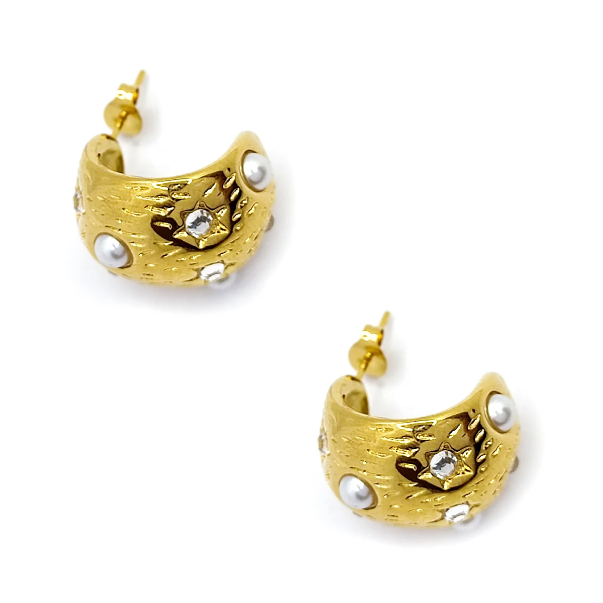 Aretes Acero Dorado Media Arracada Chunky Perla y Cristal