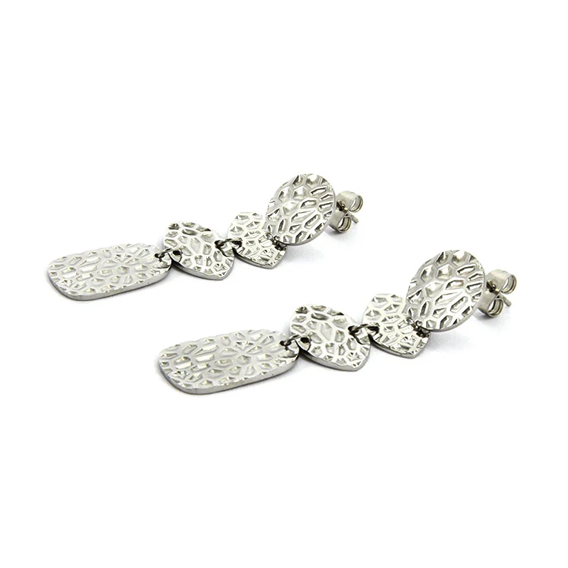Aretes Acero Plateado Largos Ovalados Martillado Elegante