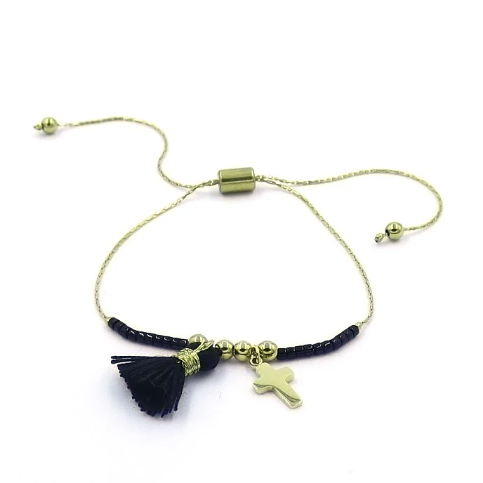 Pulsera Ajustable Acero Dorado Cruz Latina Borla