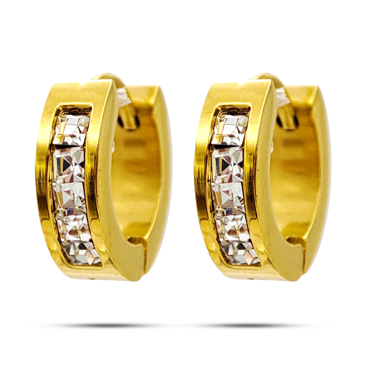 Set Aretes Acero Dorado Huggies Fila Cristales Broquel