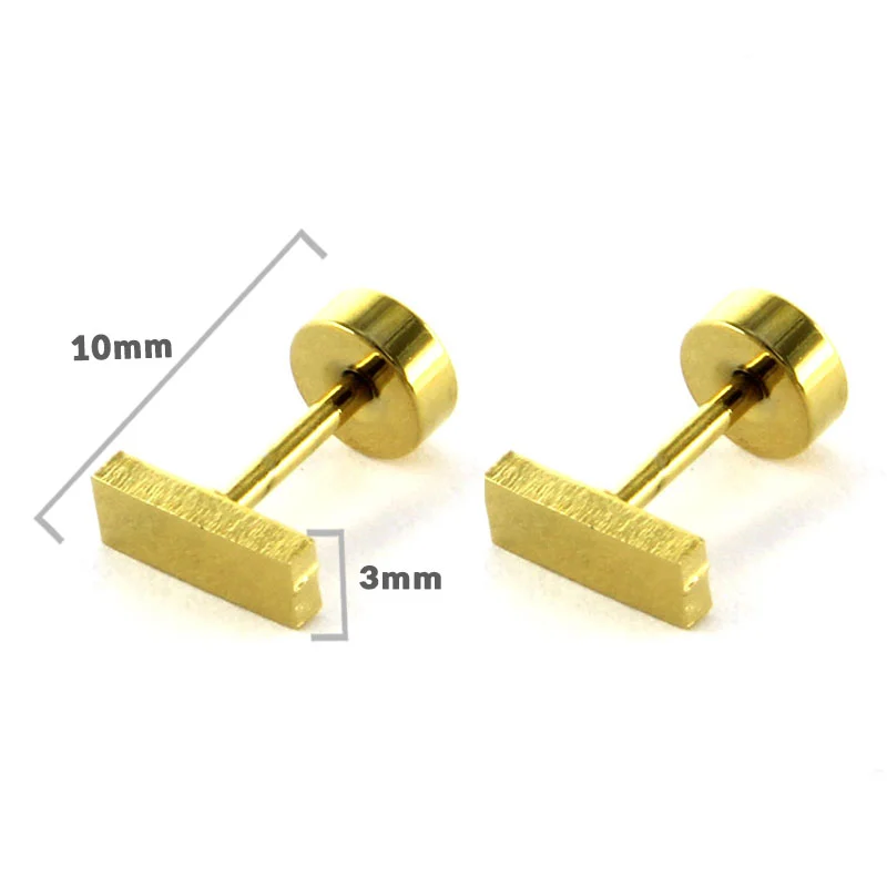 Aretes Tipo Broquel Dormilon Acero Dorado Rectangulo Liso 8mm