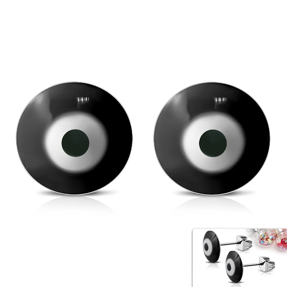 Aretes Acero Plateado Broquel Ojo Turco Negro Artesanal
