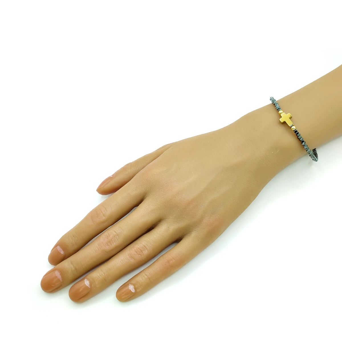 Pulsera Acero Dorado Hematita Natural Cruz Elastica