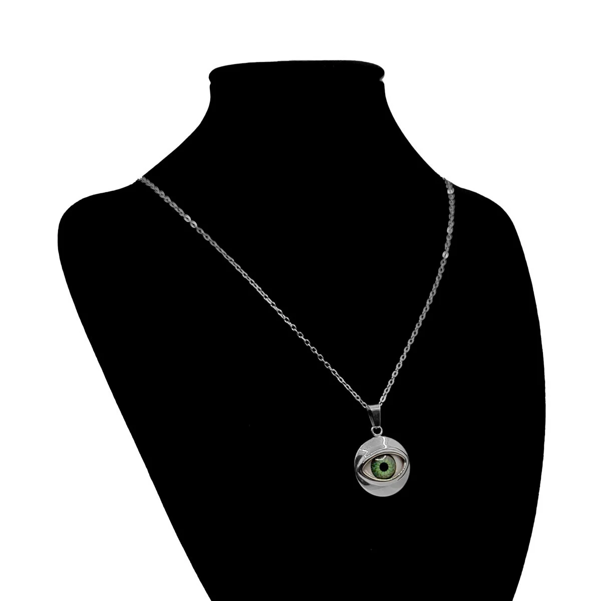 Collar Acero Inox Plateado Ojo Realista Verde 20 mm
