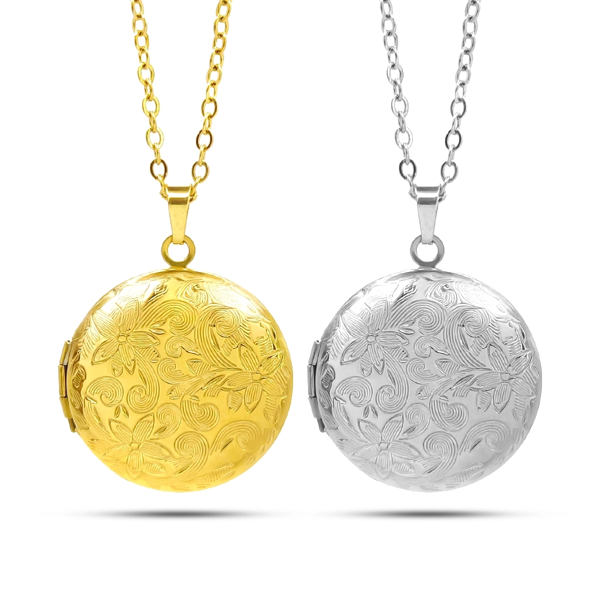 Collar Acero Relicario Circular Textura Flores Grabadas