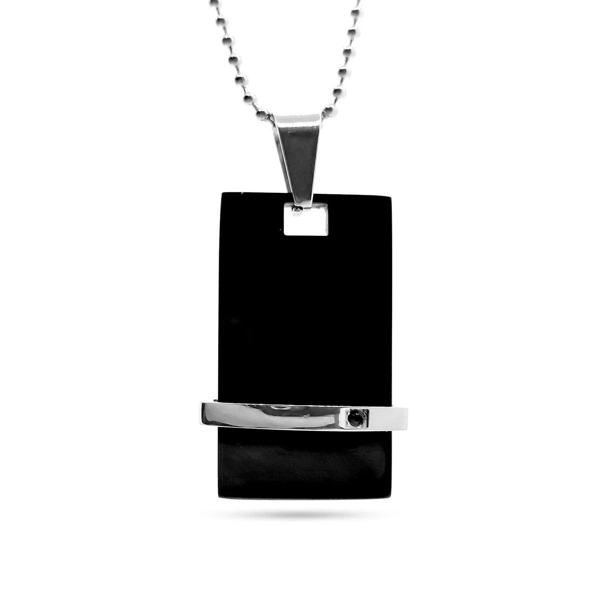 Collar Acero Placa Negra Linea Plateada Zirconia Elegante