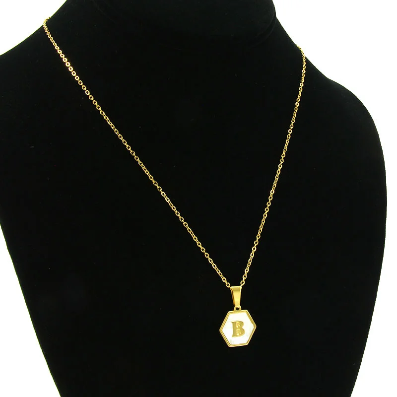 Collar Acero Inox Dorado Hexagonal Letra B Madre Perla