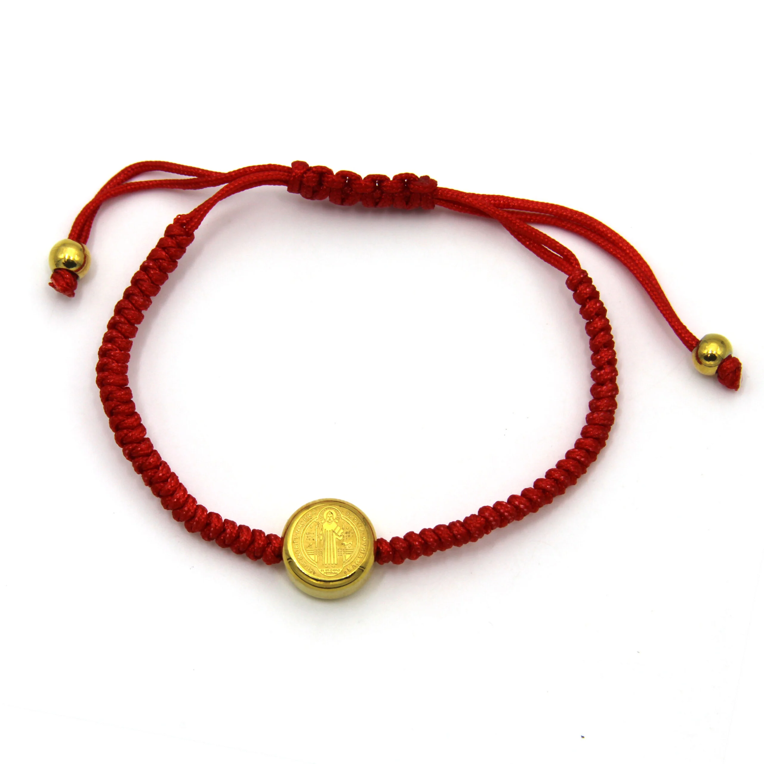 Pulsera Acero Dorado Hilo Rojo Ajustable Dije San Benito