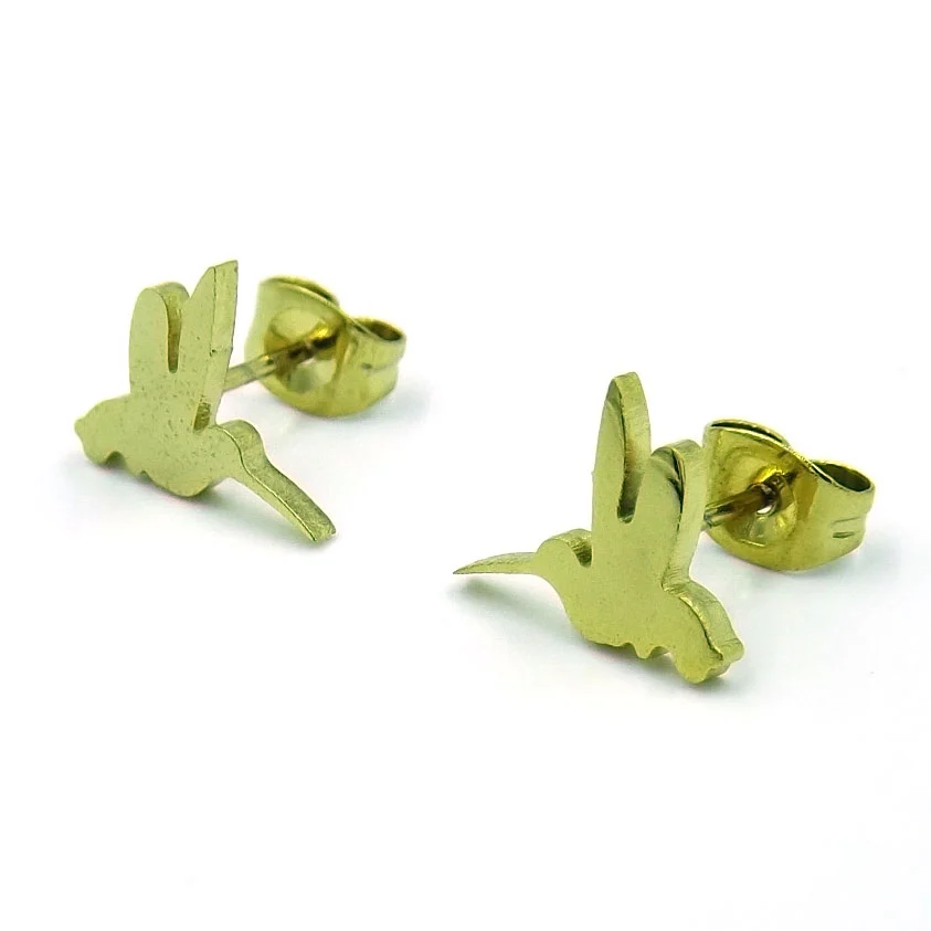 Aretes Tipo Broquel Acero Dorado Colibrí Volando