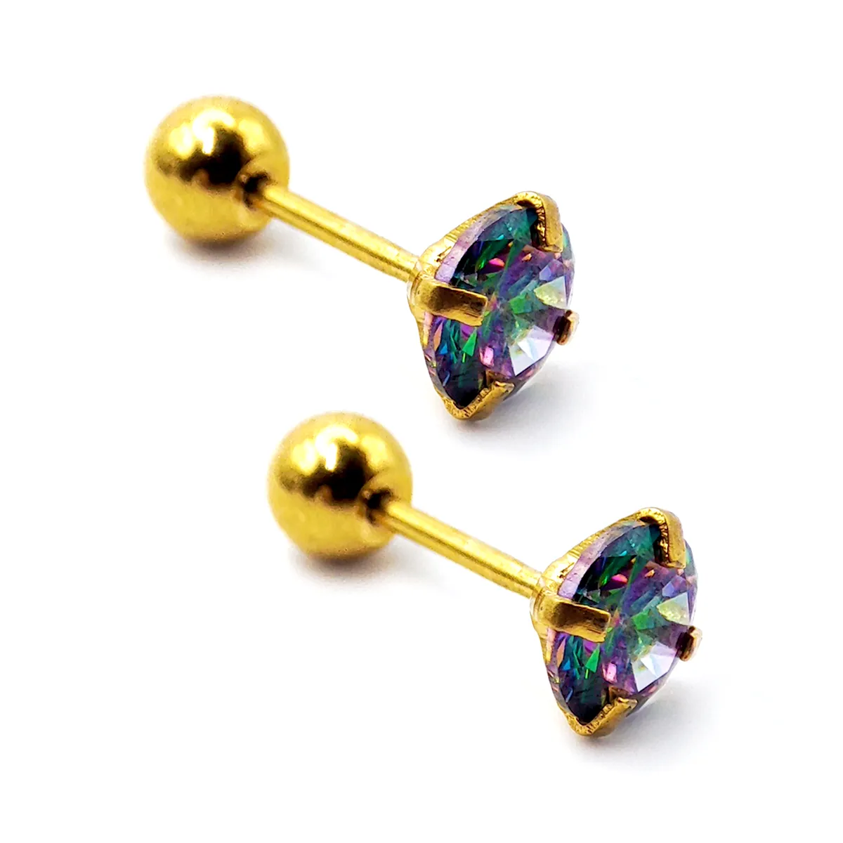 Aretes Acero Dorado Broquel Piercing Zirconia Tornasol