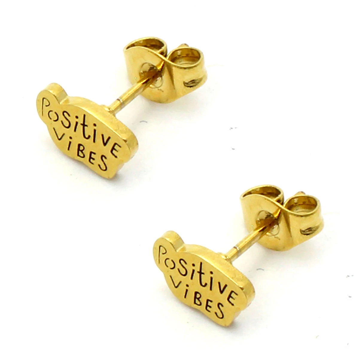 Aretes Acero Inox Dorado Tipo Broquel Positive Vibes
