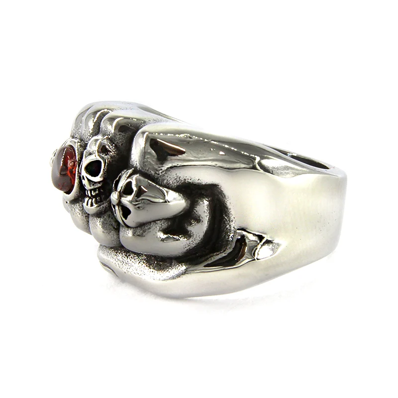 Anillo Acero Plateado Hombre Puño Rudo Calavera Gema