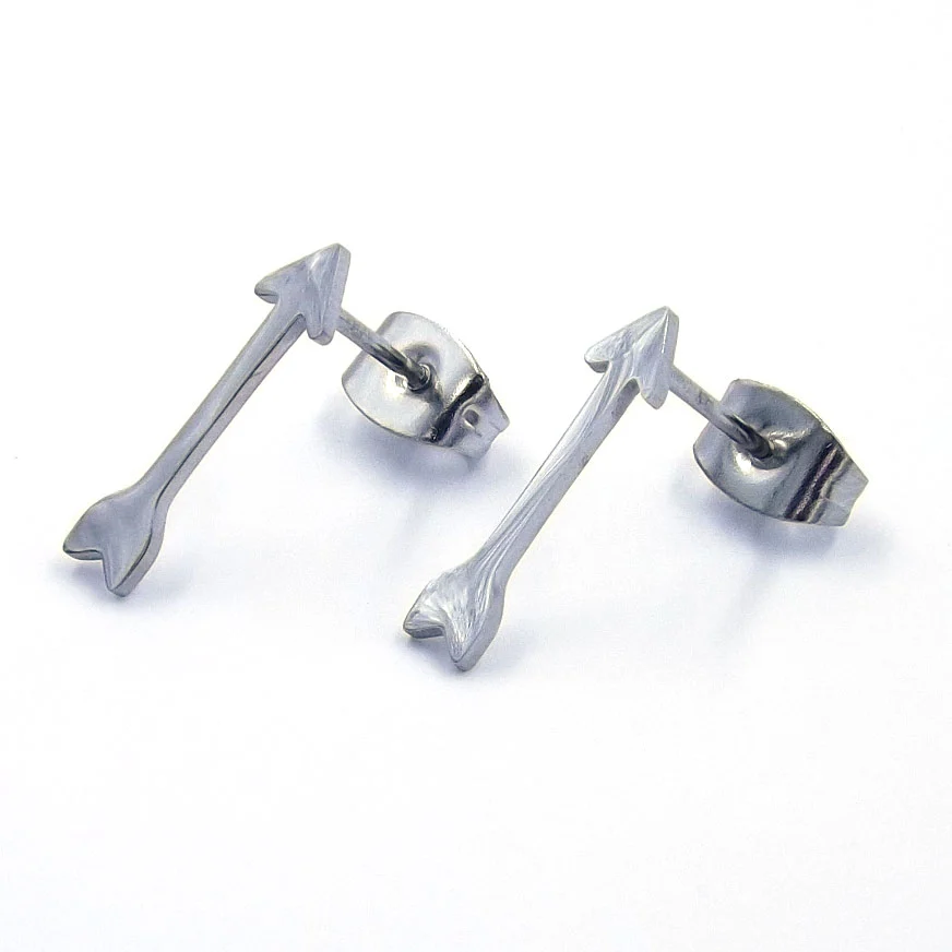 Aretes Acero Inoxidable Plateado Tipo Broquel Flecha Recta