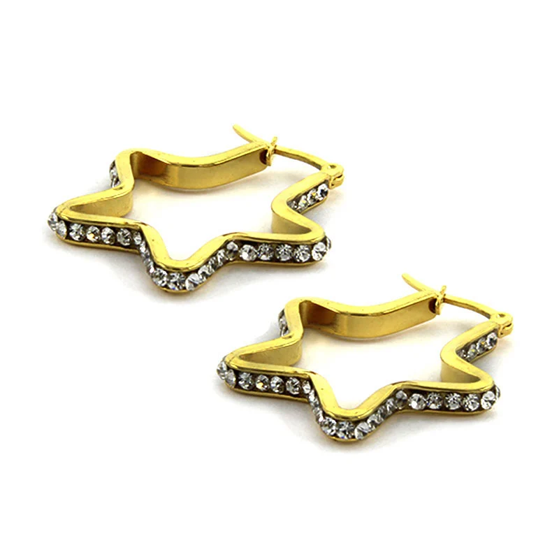 Aretes Acero Dorado Arracada Estrella Zirconias 29x24mm