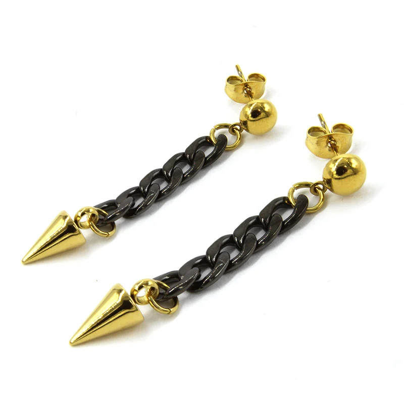 Aretes Acero Cadena Larga Negra Punta Pendular Dorado