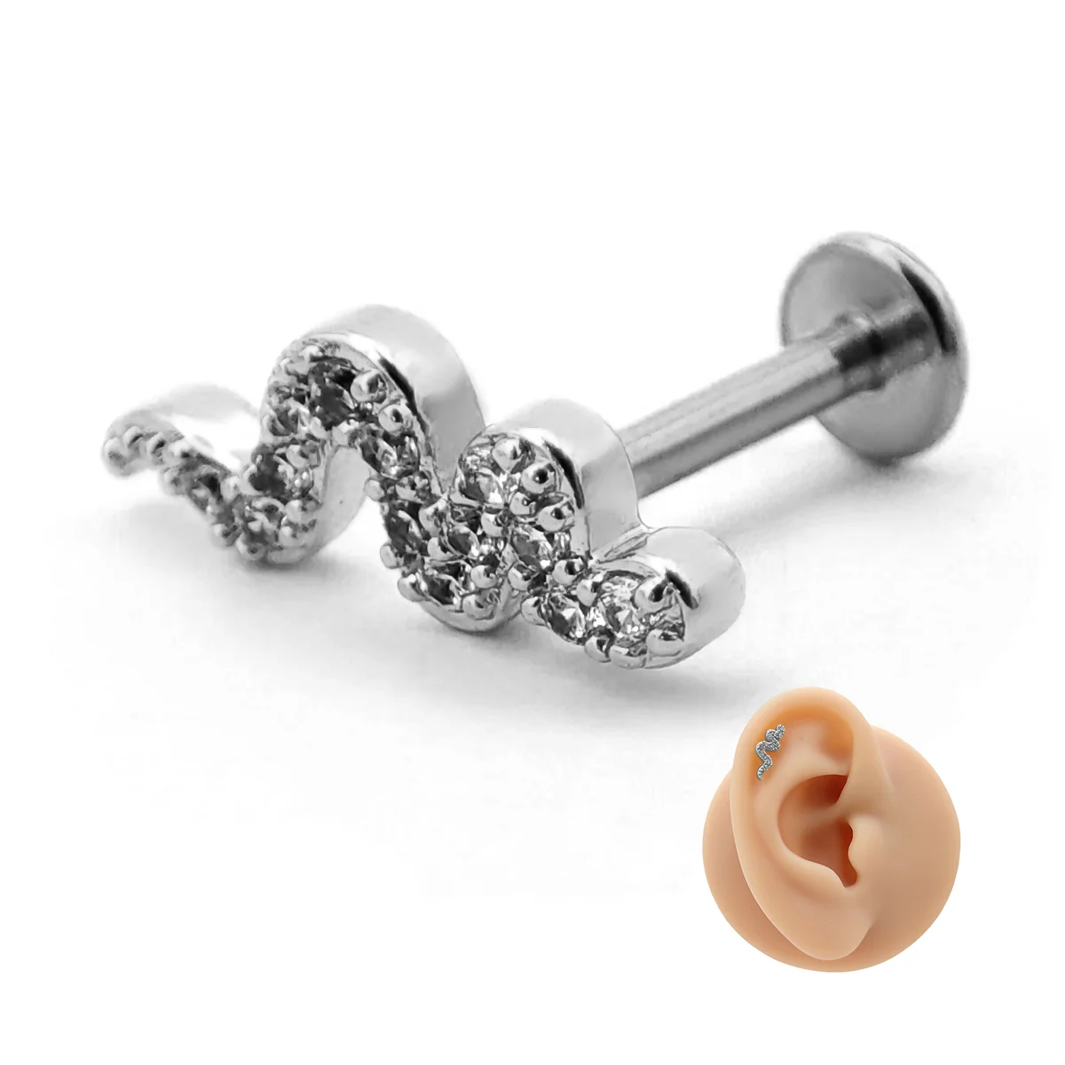 Piercing de Oreja Acero Serpiente Víbora Cristales Claros