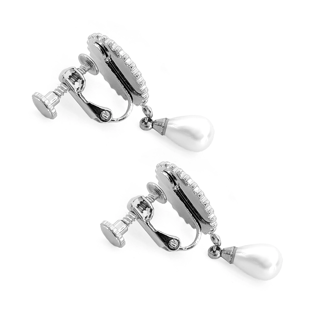 Aretes Acero Plateado de Clip Ajustable Perla Colgante