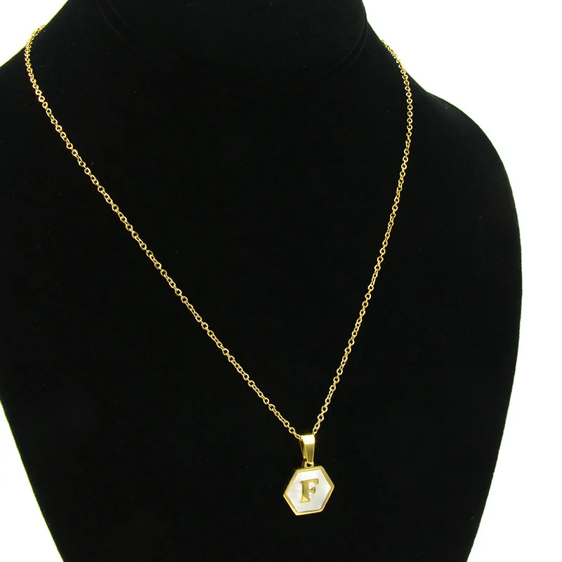 Collar Acero Inox Dorado Hexagonal Letra F Madre Perla