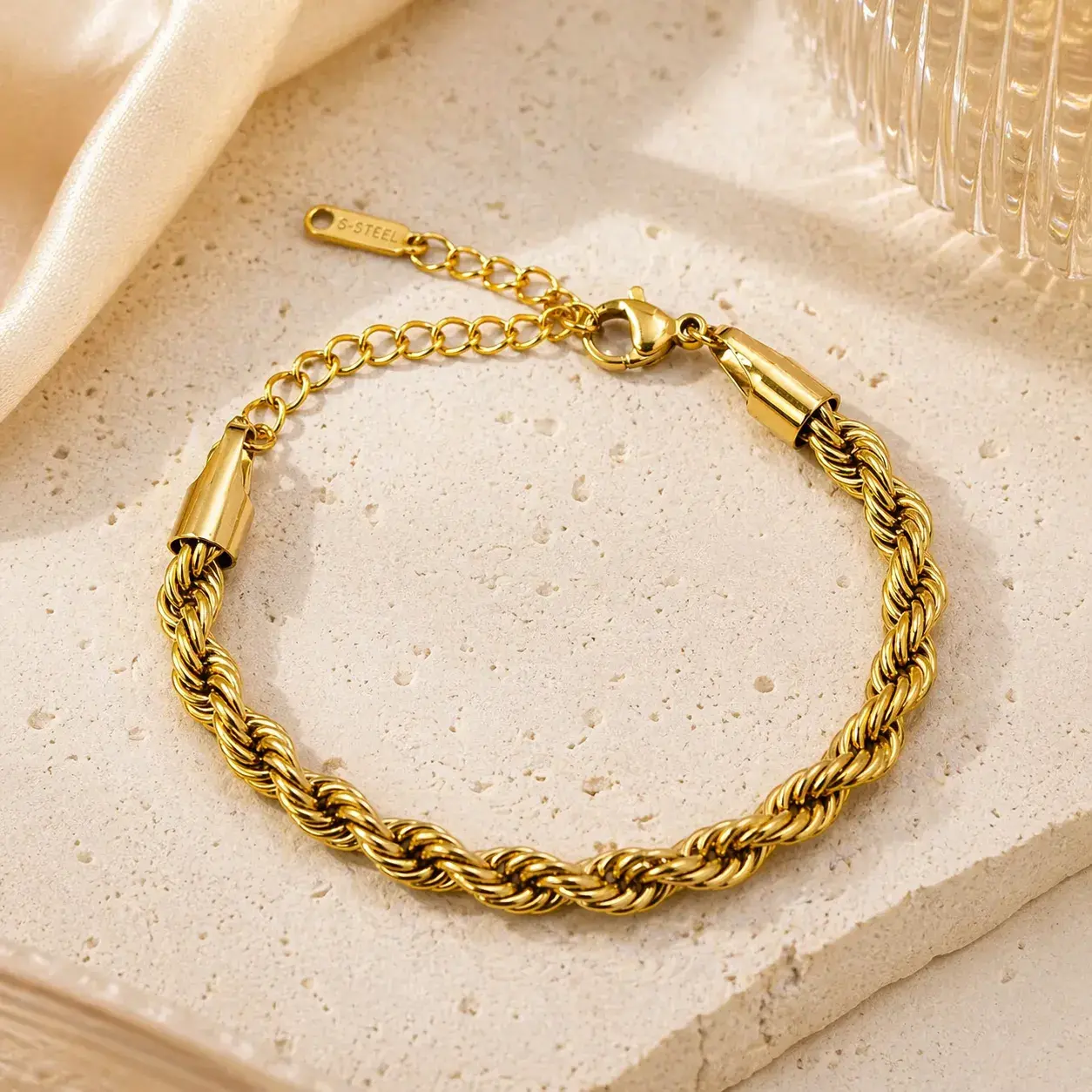 Pulsera Acero Inox Dorado Esclava Gruesa Torzal 5 mm