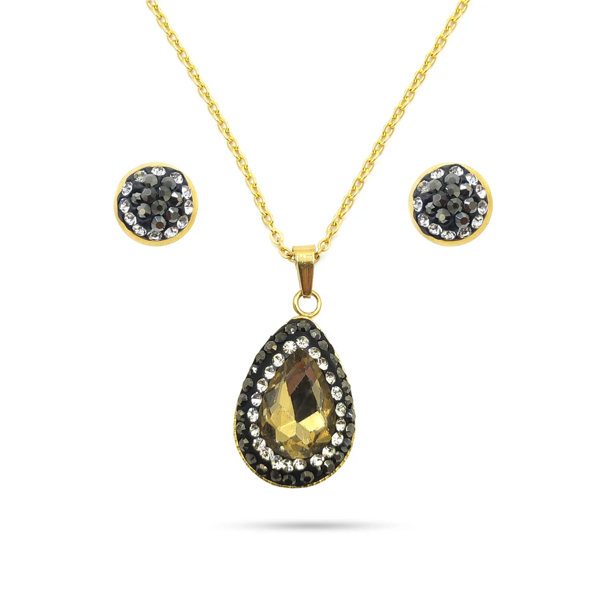 Set Joyeria Acero Inoxidable Dorado Piedra Gota Cafe
